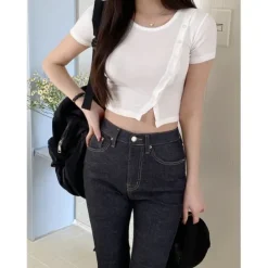Button Front Split Crop Top