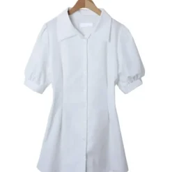 Puff Sleeve Button Front Collar Shirt Dress