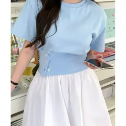 Round Neck Button Front Top