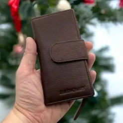 SAHRA business leather snap front coin wallet with zip(Brown)