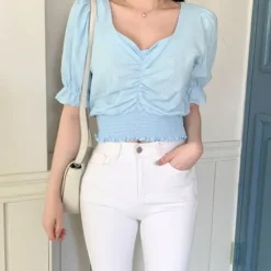Shirring Puff Sleeve Crop Top