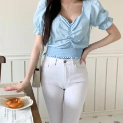 Shirring Puff Sleeve Crop Top