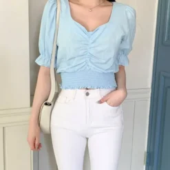 Shirring Puff Sleeve Crop Top