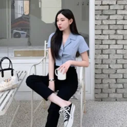 Split Front Collar Crop Shirt