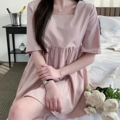 Square Neck Loose Fit Short Sleeve Mini Dress