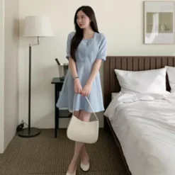 Square Neck Puff Sleeve Button Front Dress