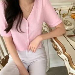 V-Neck Button Front Top