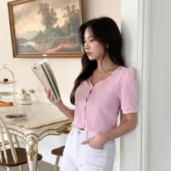 V-Neck Button Front Top