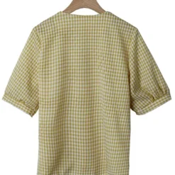 V-Neck Check Puff Sleeve Top