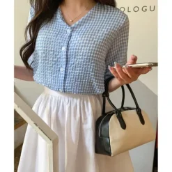 V-Neck Check Puff Sleeve Top