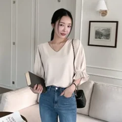 V-Neck Loose Fit Ruffle Blouse