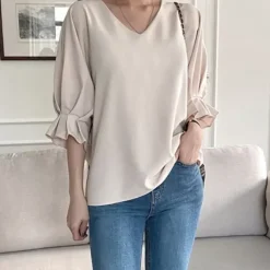 V-Neck Loose Fit Ruffle Blouse
