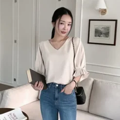 V-Neck Loose Fit Ruffle Blouse