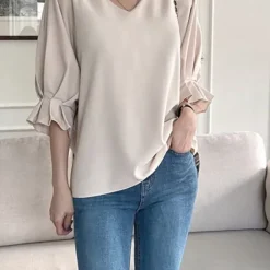 V-Neck Loose Fit Ruffle Blouse