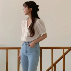 V-Neck Puff Sleeve Blouse