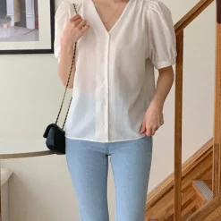 V-Neck Puff Sleeve Blouse